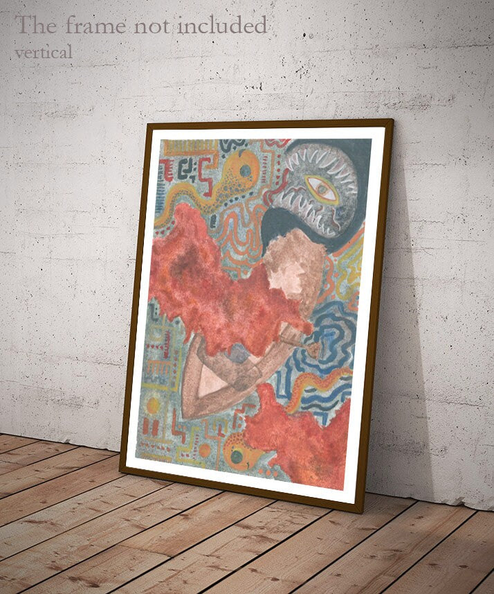 Surrealist Fantasy Boat Art print, River landscape, Home Decor, Gifts for her, Sailing towards eternity