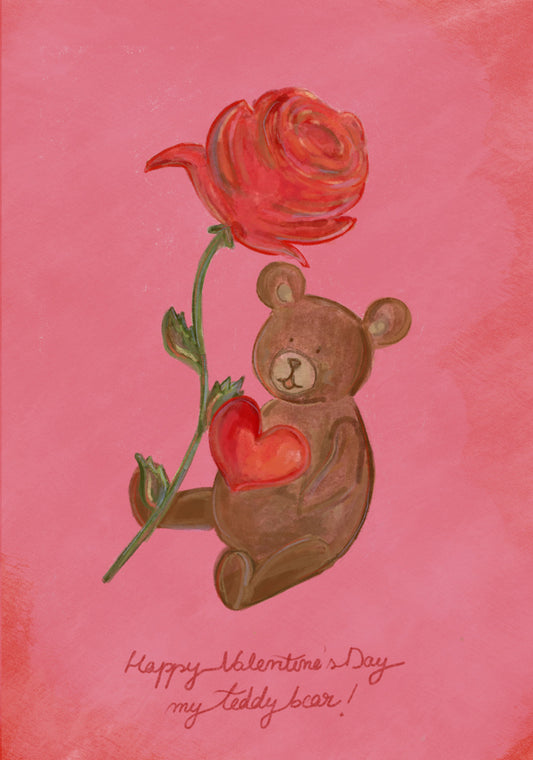 Cute Bear holding a red rose and heart Valentine's Day Greeting Card A6