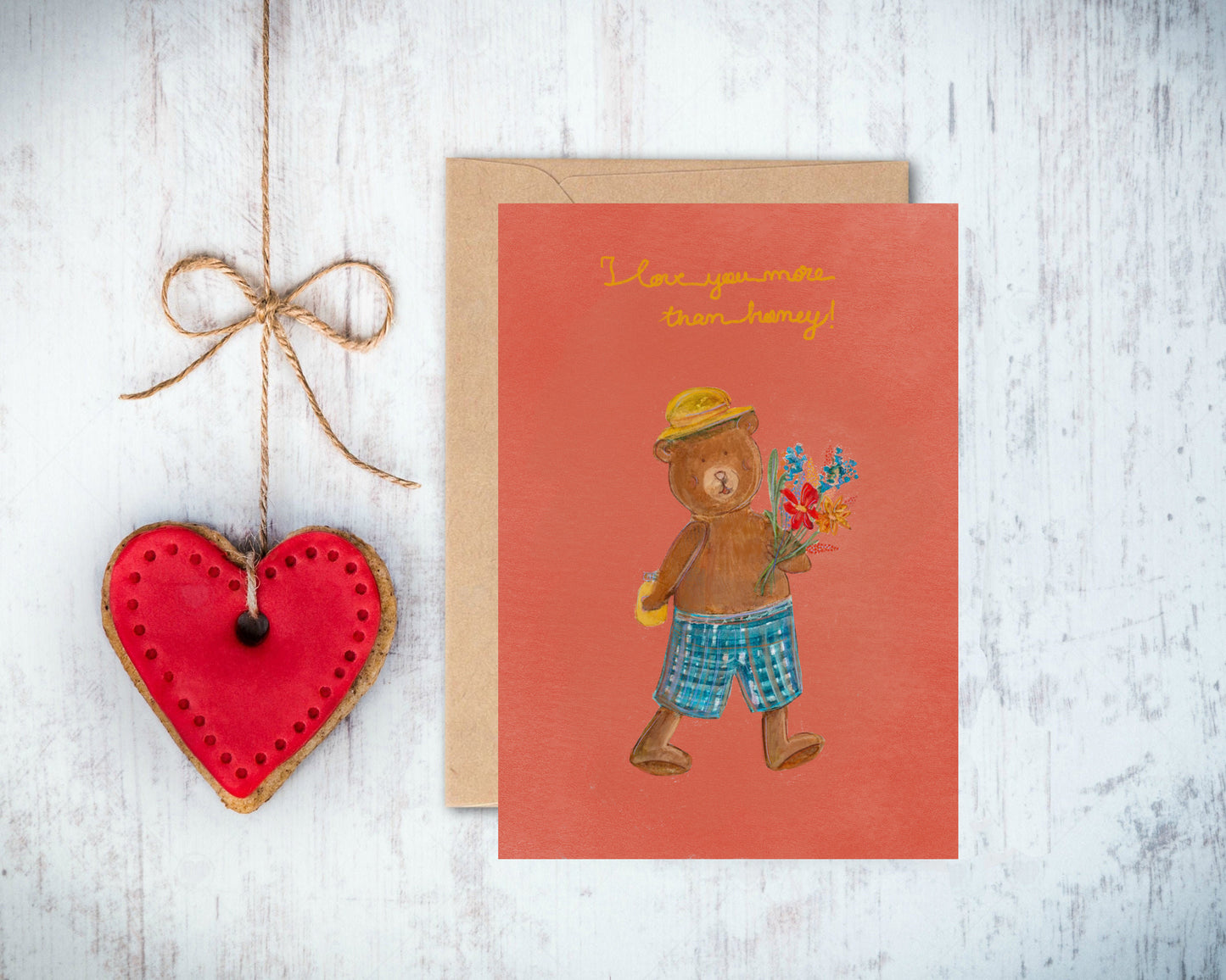 Cute and cheeky Bear with a flower bouquet Valentine's Day Greeting Card A6