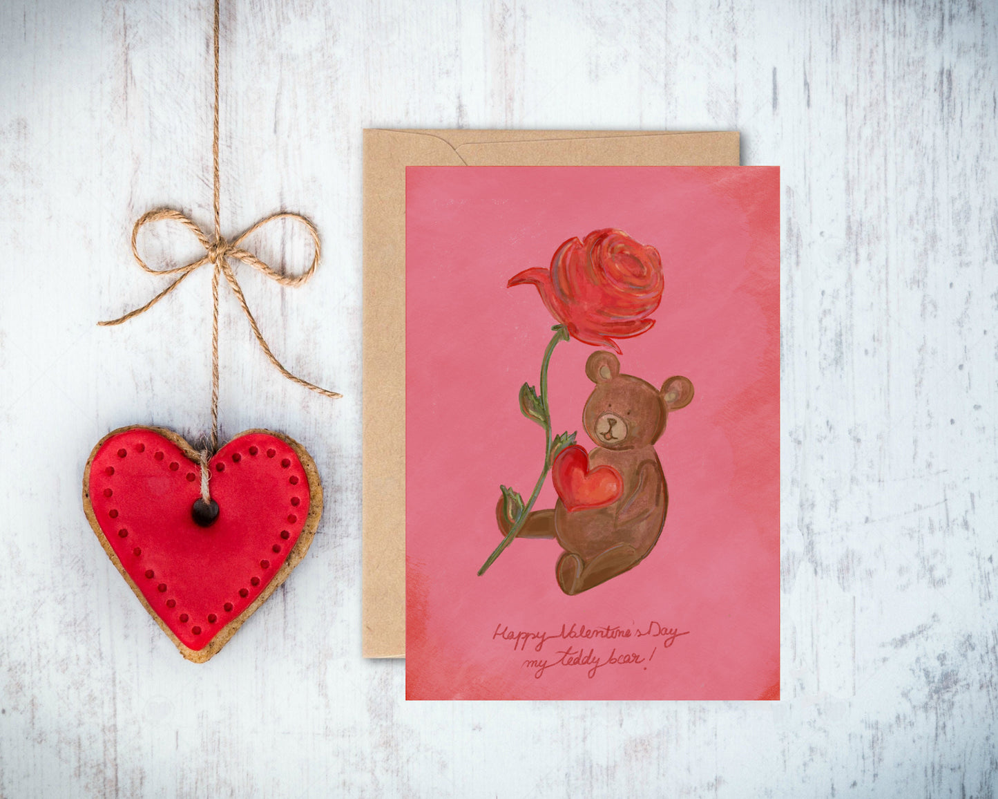 Cute Bear holding a red rose and heart Valentine's Day Greeting Card A6