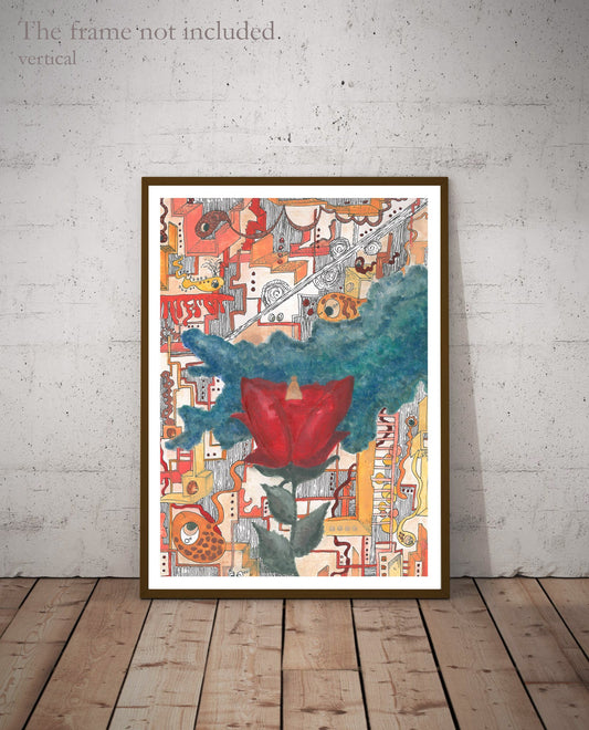 Surrealist London Fantasy with Red Rose Art Print