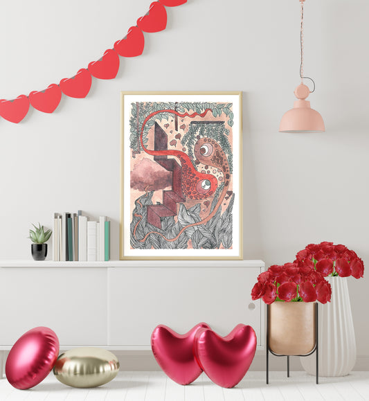 Love is in the air Print, Cute surrealist wall art, Perfect valentines gift for him/her