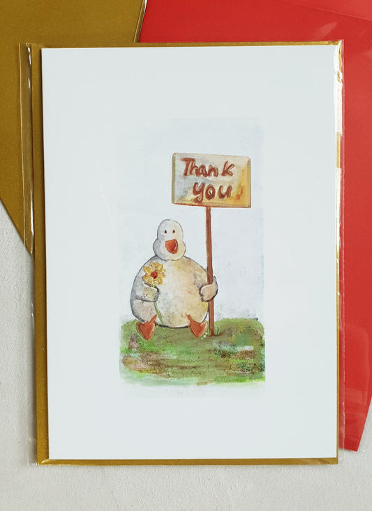 'Thank you' card with cute illustrated duck and hand-glittered embellishments